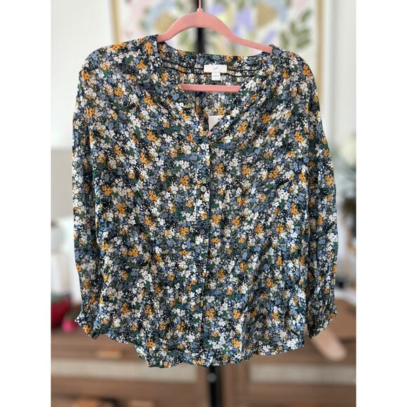 NWT J. Jill Smocked Relaxed Rayon Blouse Navy Blue Sm Wildflowers Womens Large - Picture 2 of 11